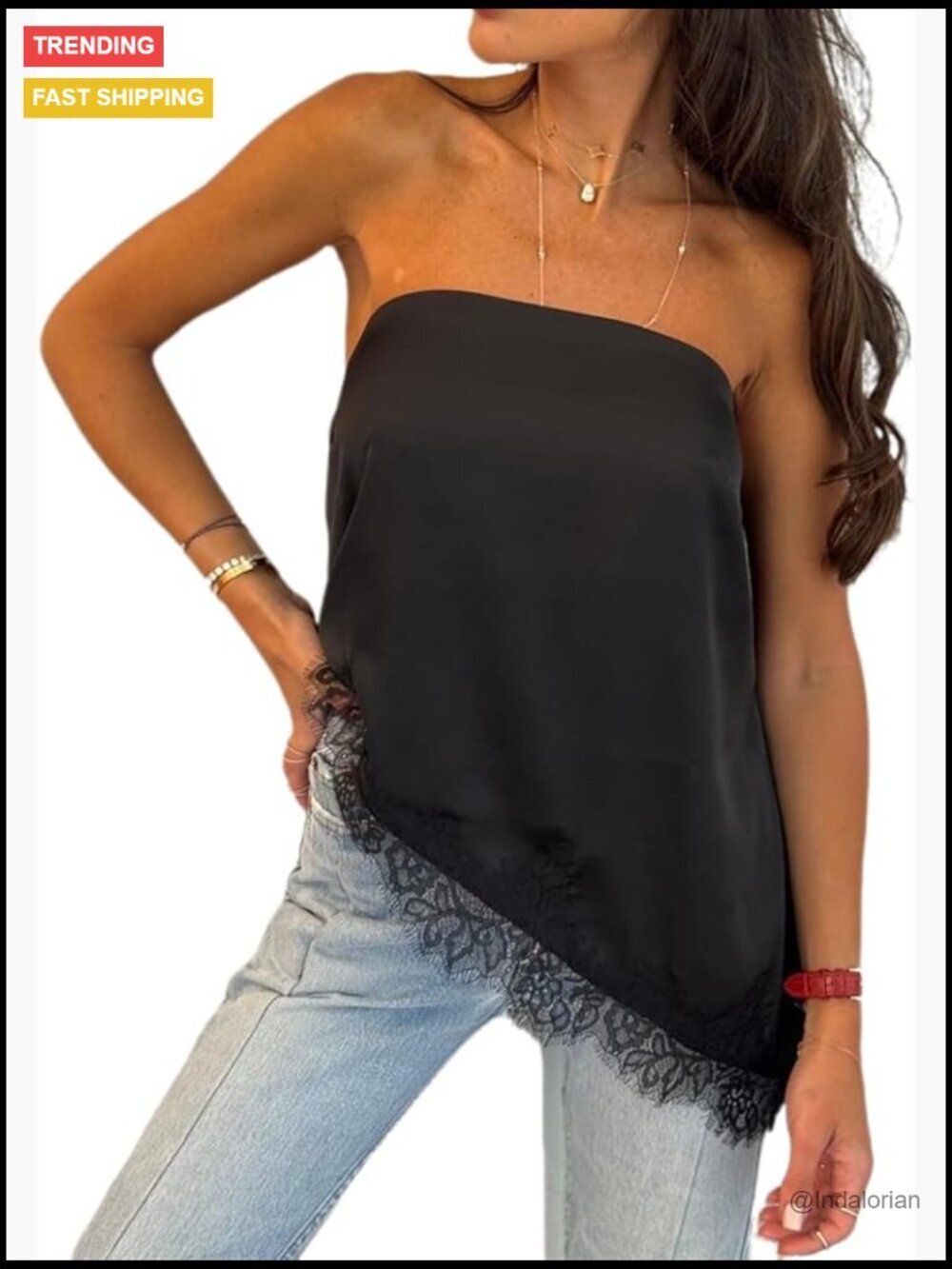 Satin Lace Tube Top Y2K Strapless Crop Top Asymmetrical Tank Top